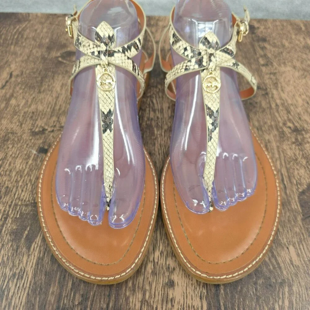 Coach Lydia T Strap Sandals 11 Snake Print Ankle Buckle Logo Strappy Flat Beachy